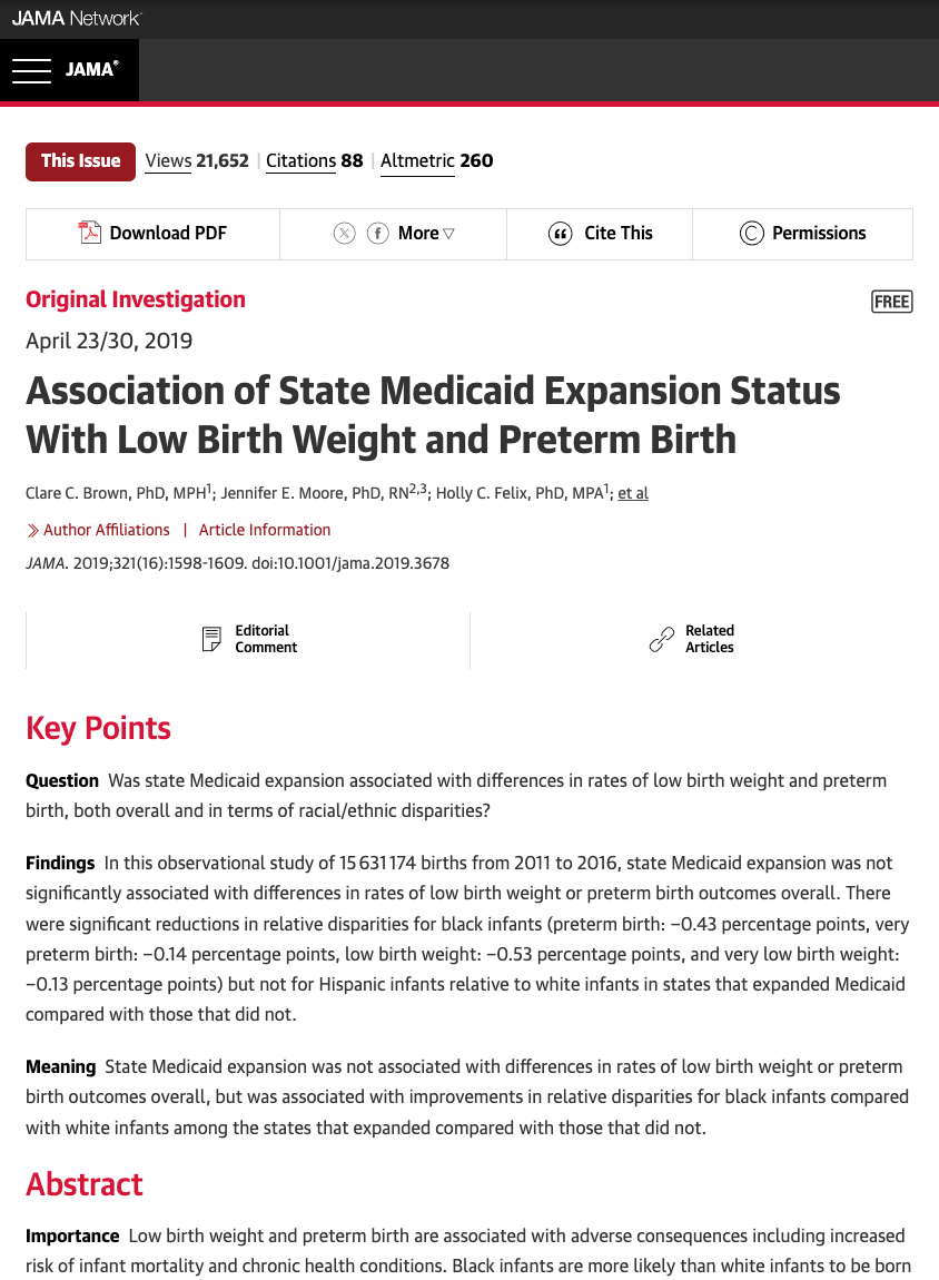 Article: Association of State Medicaid Expansion Status with Low Birth Weight and Preterm Birth