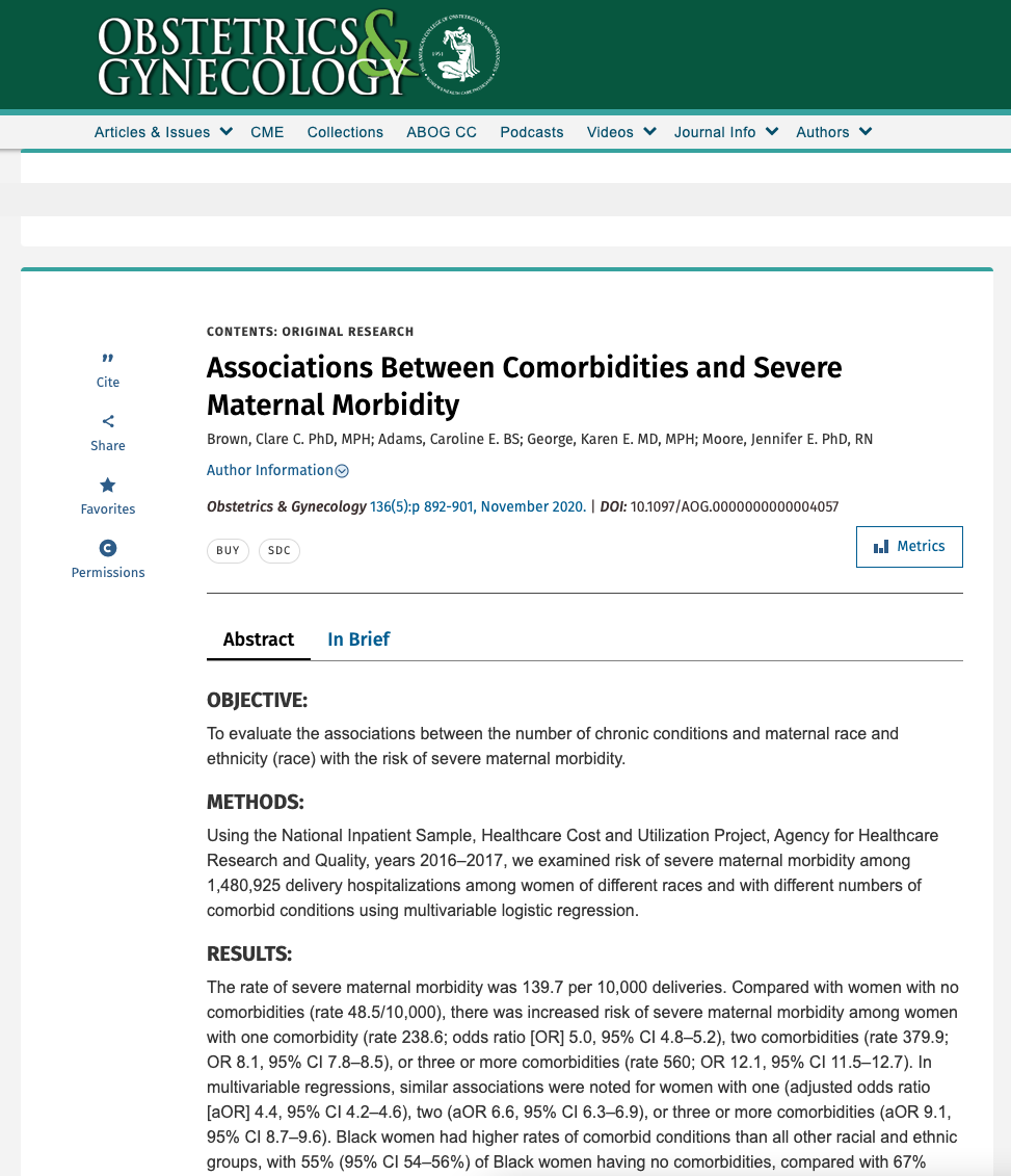 Article: Associations Between Comorbidities and Severe Maternal Morbidity