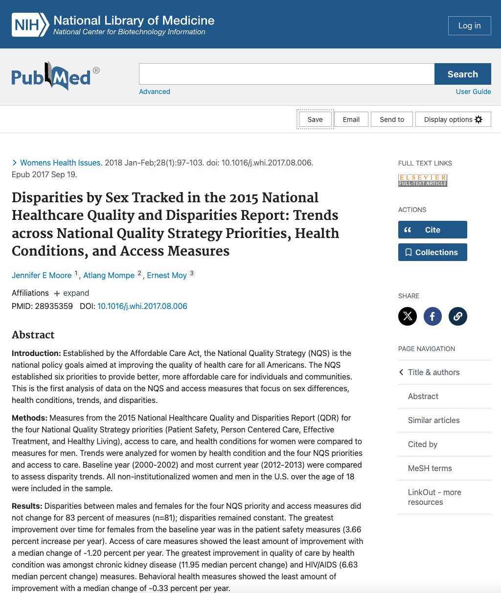 Article: Disparities by Sex Tracked in the 2015 National Healthcare Quality and Disparities Report: Trends Across National Quality Strategy Priorities, Health Conditions, and Access Measures