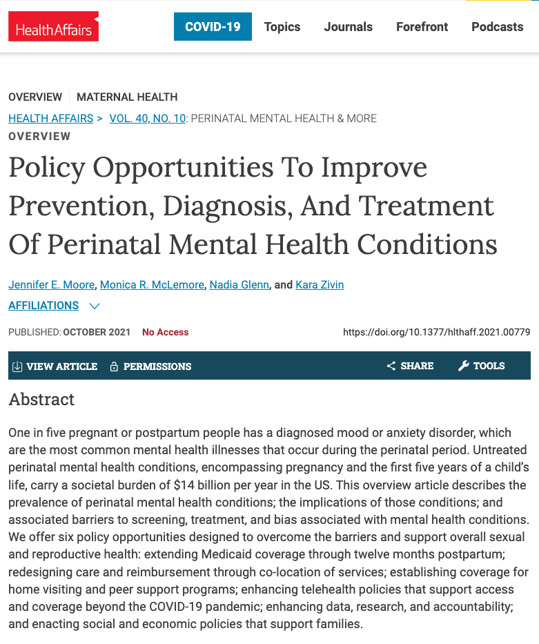 Article: Policy Opportunities To Improve Prevention, Diagnosis, And Treatment Of Perinatal Mental Health Conditions