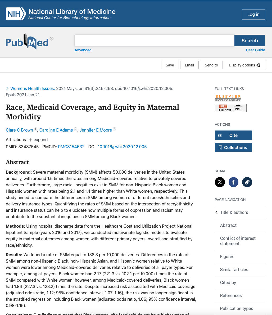 Article: Race, Medicaid Coverage, and Equity in Maternal Morbidity