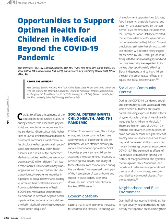 Article: Opportunities to Support Optimal Health for Children in Medicaid Beyond the COVID-19 Pandemic